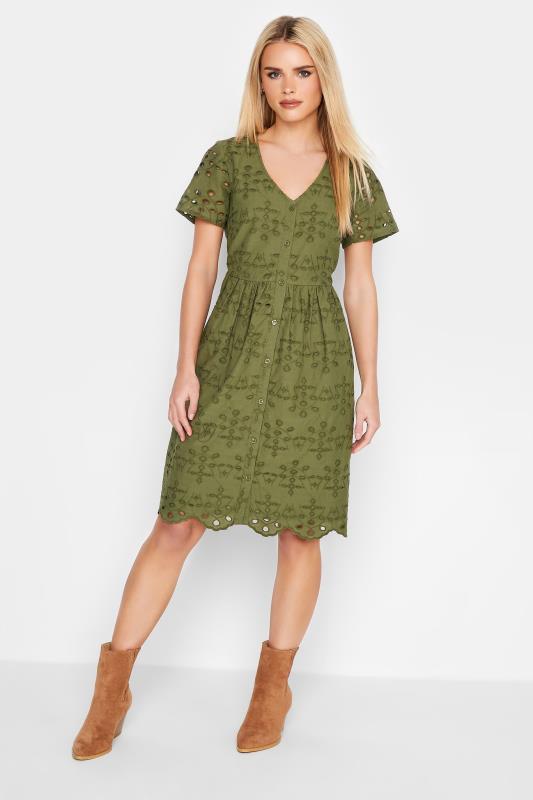 Petite Khaki Green Broderie Smock Dress | PixieGirl 2