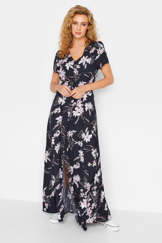 LTS Tall Women's Navy Blue Floral Print Shirred Waist Maxi Dress | Long Tall Sally 2