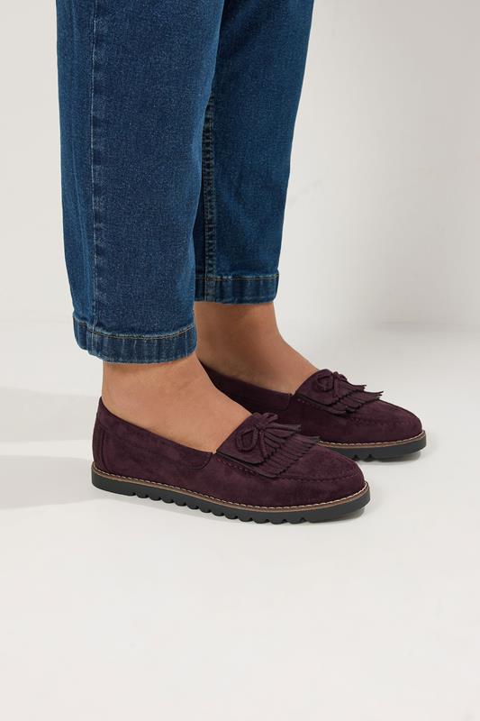  Mocasines rojo burdeos de ante sintético con flecos en ancho E