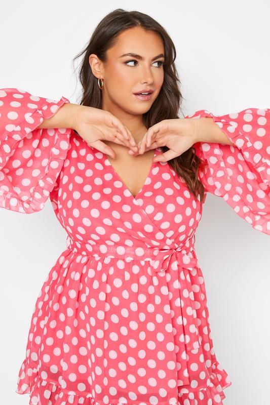 YOURS LONDON Plus Size Pink Polka Dot Ruffle Wrap Top | Yours Clothing 4