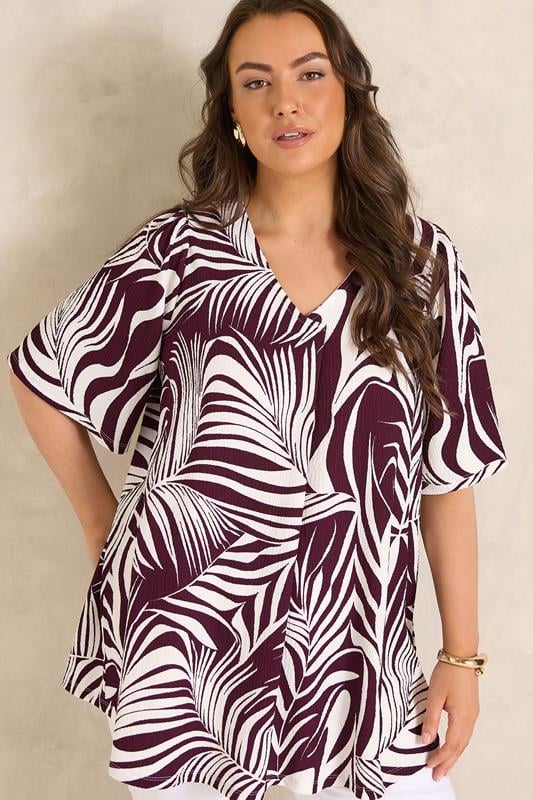  EVANS Curve Berry Red Palm Leaf Pleat Front Top