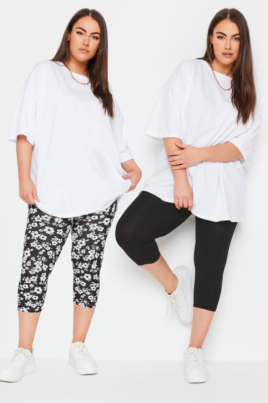  Grande Taille YOURS Curve 2 PACK Black Floral Print Cropped Leggings
