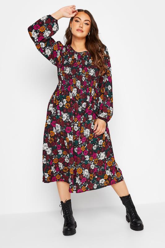  Grande Taille YOURS Curve Black Retro Floral Balloon Sleeve Midi Dress