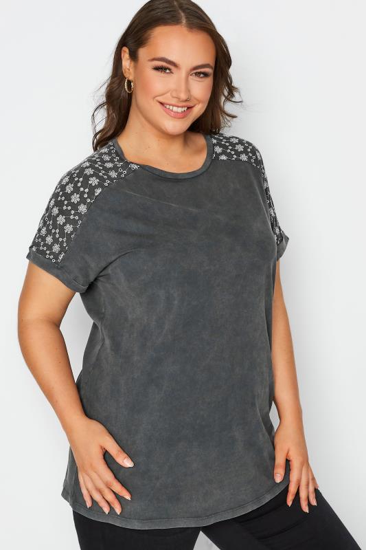 Plus Size Washed Grey Embroidered Shoulder Top | Yours Clothing 4
