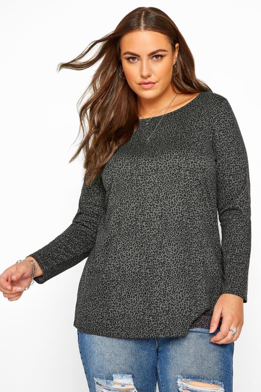 Charcoal Grey Animal Print Scoop Neck Top | Yours Clothing