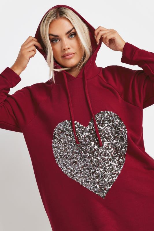 YOURS Plus Size Red Sequin Embellished Heart Hoodie Dress | Yours Clothing  4