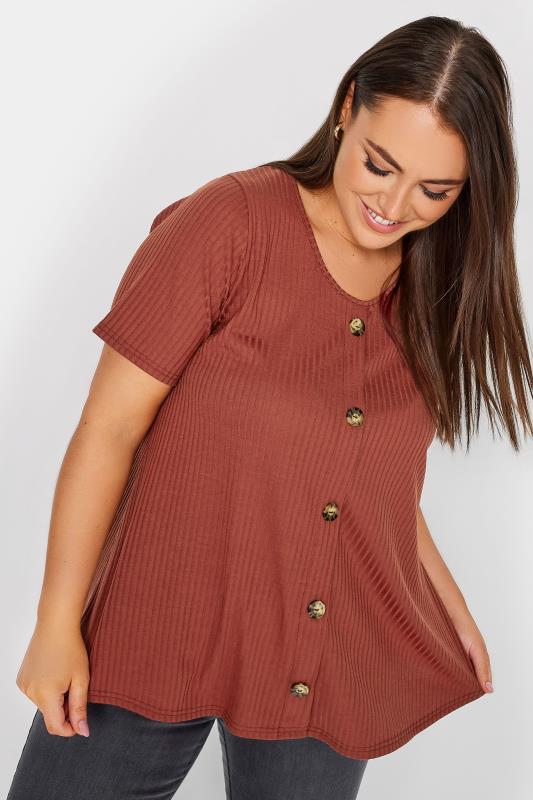 LIMITED COLLECTION Plus Size Curve Rust Brown Ribbed Swing Top | Yours Clothing  1