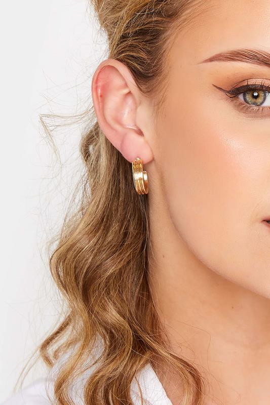 3 PACK  Gold Tone Textured Geometric Hoop Earrings | Yours Clothing 2