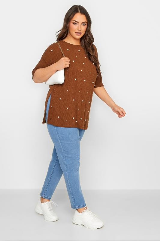 Curve Plus Size Brown Pearl Embellished Split Hem Knit Top | Yours Clothing 2