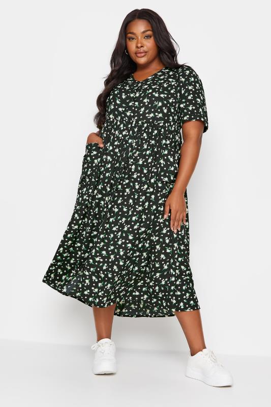 YOURS Curve Black Daisy Print Smock Midaxi Dress | Yours Clothing 1