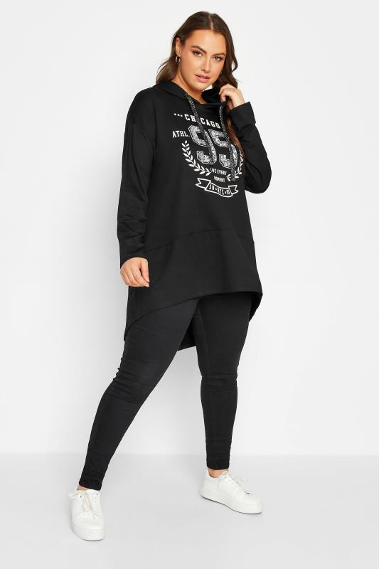 Plus Size Black 'Chicago' Print Dipped Hem Hoodie | Yours Clothing 2