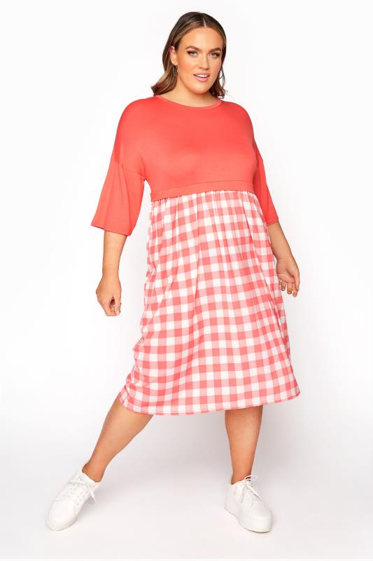 LIMITED COLLECTION Coral Gingham Bubble Crepe Midi Dress_A.jpg