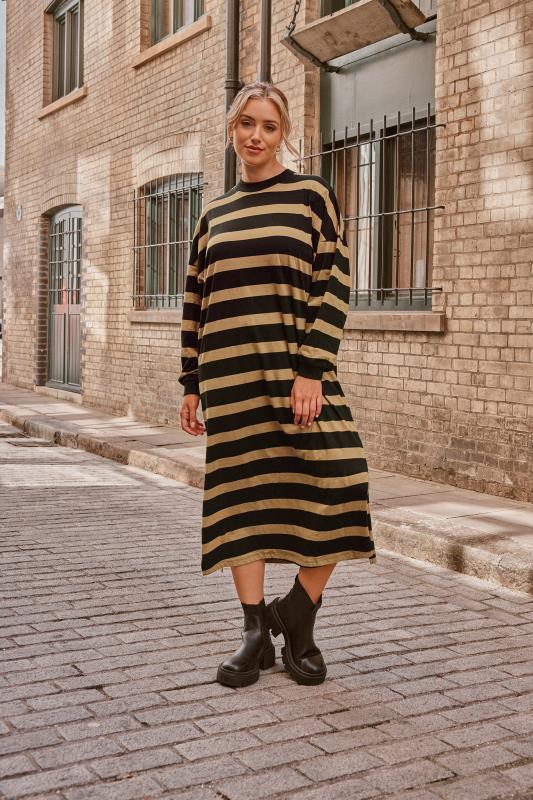  YOURS Curve Beige Brown Stripe Print Oversized T-Shirt Dress