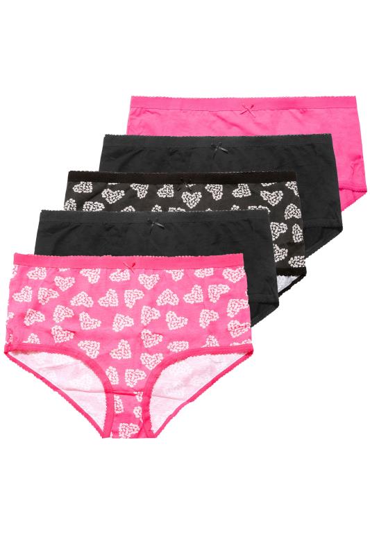Plus Size 5 PACK Black & Pink Daisy Heart Print High Waisted Full Briefs | Yours Clothing  2