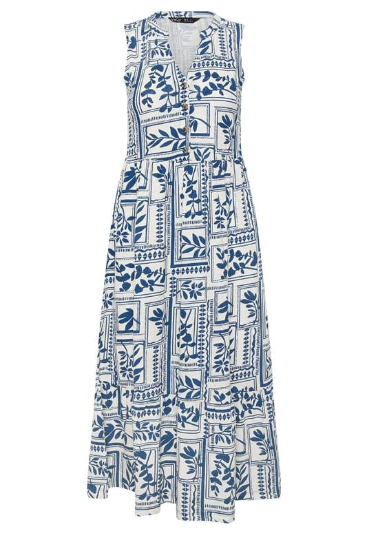 M&Co Petite Blue Leaf Print Sleeveless Cotton Midi Dress | M&Co 5