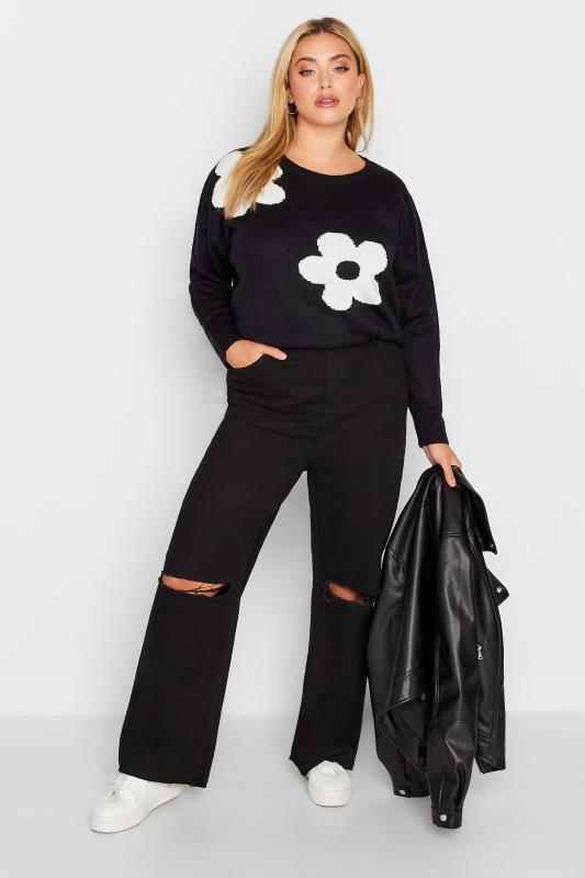 Plus Size Black Ripped Wide Leg Stretch Jeans | Yours Clothing  2