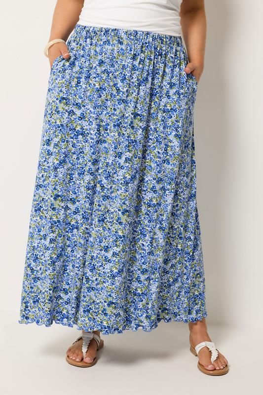  YOURS Maxirock in Blau mit Blumenmuster