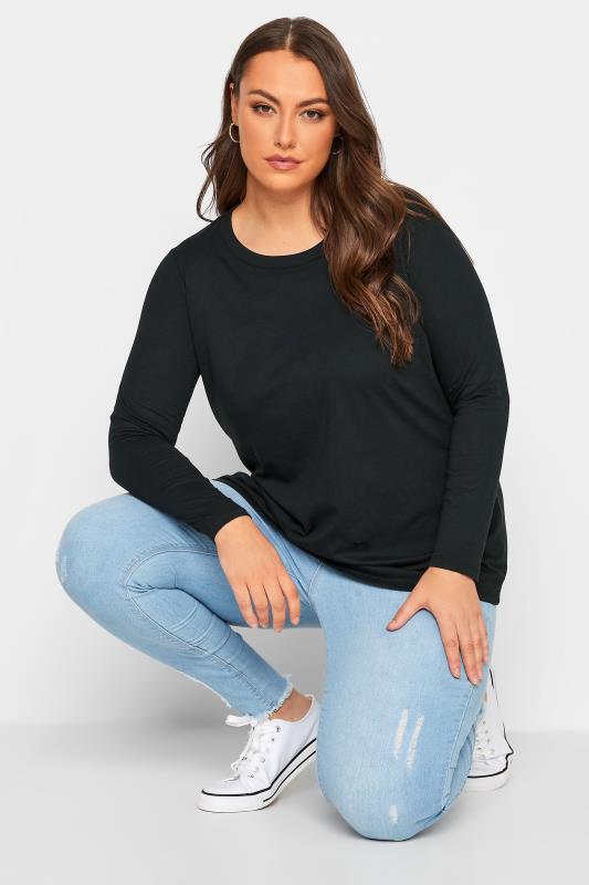 Basic T-Shirts & Vests Grande Taille YOURS Curve Black Cotton Long Sleeve T-Shirt