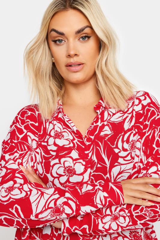 YOURS Plus Size Red Floral Print Crinkle Beach Shirt | Yours Clothing 6