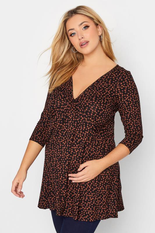 BUMP IT UP MATERNITY Plus Size Black Spot Print Knot Top | Yours Clothing 1