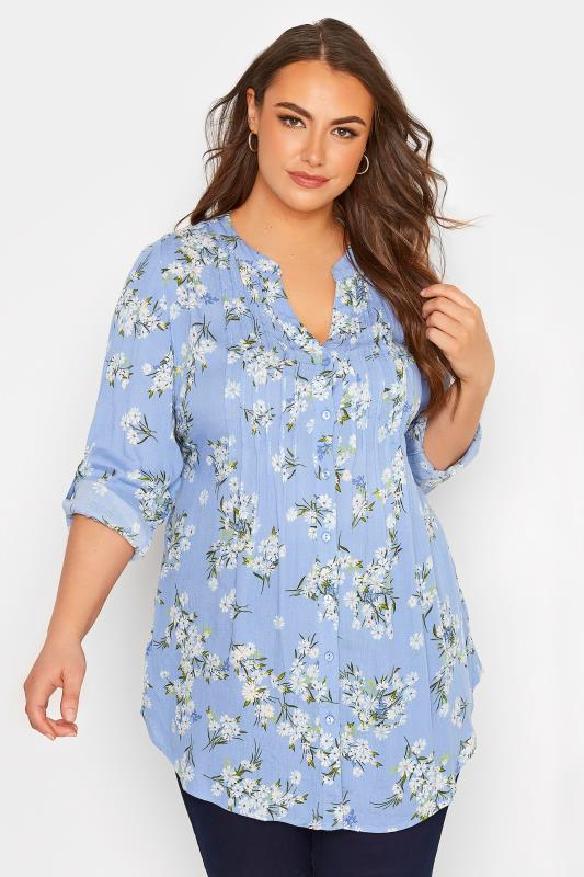 Plus Size  Curve Blue Floral Print Pintuck Shirt