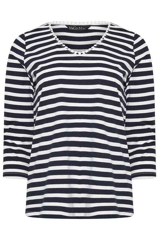 M&Co Navy Blue Stripe Cotton Neck Trim Top | M&Co 5