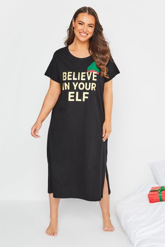 Plus Size Black 'Believe In Your Elf' Slogan Christmas Midaxi Nightdress | Yours Clothing 1