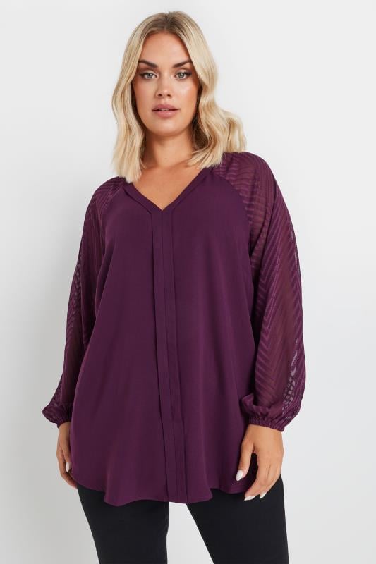 Plus Size  YOURS Curve Purple Burnout Sleeve V-Neck Blouse