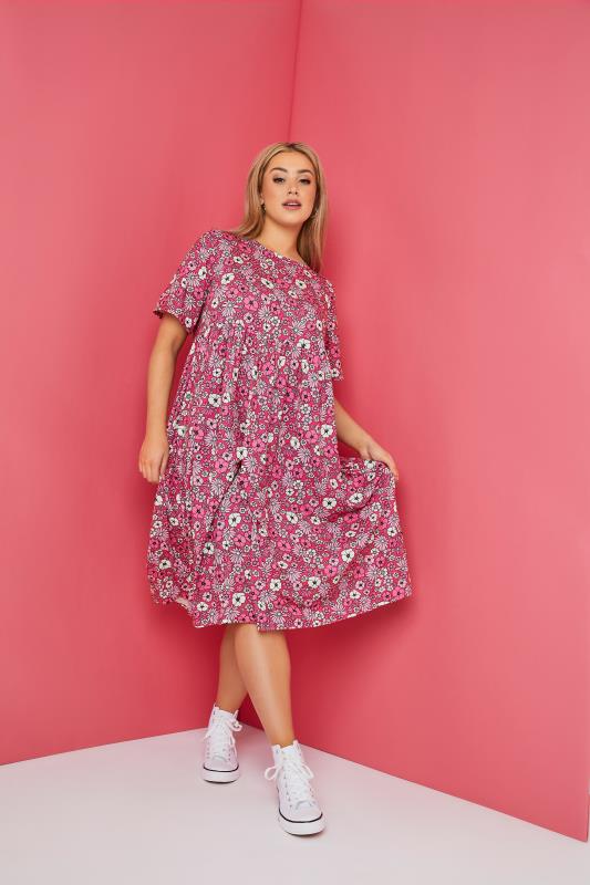 LIMITED COLLECTION Curve Pink Retro Floral Smock Dress 2