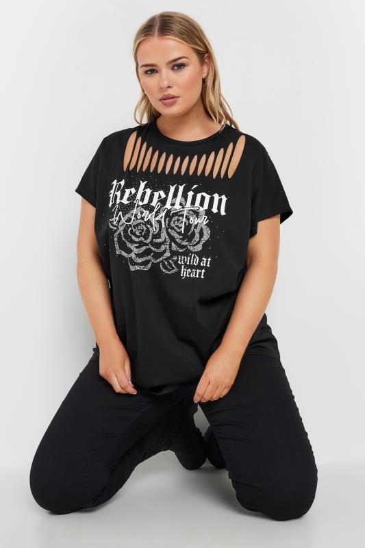  Tallas Grandes YOURS Curve Black Cut Out 'Rebellion' Slogan T-Shirt