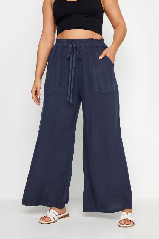 YOURS Plus Size Indigo Blue Chambray Wide Leg Trousers | Yours Clothing 1