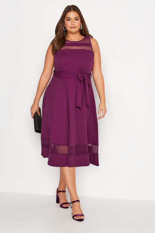 YOURS LONDON Plus Size Purple Mesh Panel Skater Dress | Yours Clothing 2