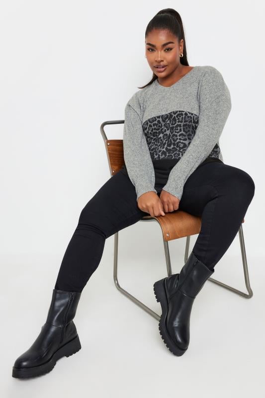 YOURS Plus Size Grey Leopard Print Colourblock Jumper | Yours Clothing  2