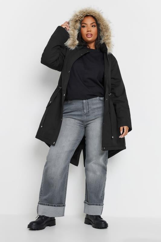 YOURS Plus Size Black Faux Fur Trim Parka Coat | Yours Clothing 2