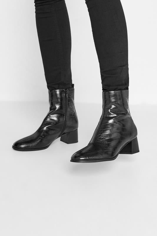 Tall  LTS Black Croc Block Heel Boots In Standard Fit