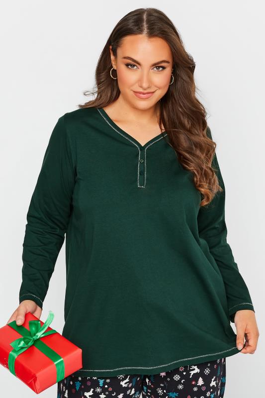 Plus Size Forest Green Long Sleeve Pyjama Top | Yours Clothing  1