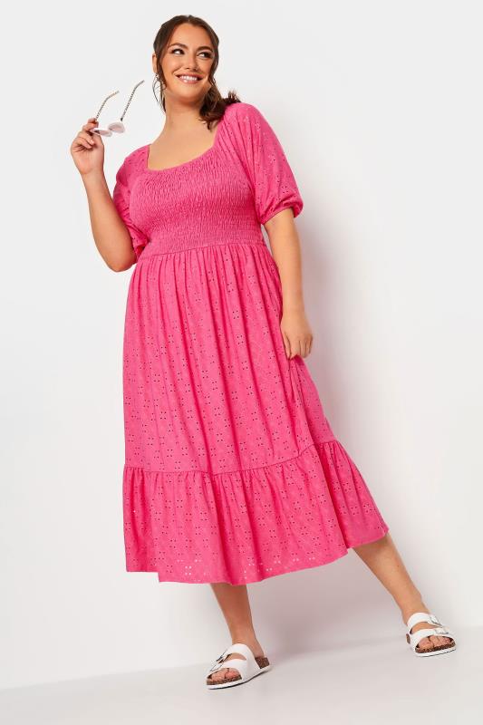 YOURS Plus Size Pink Shirred Broderie Anglaise Midaxi Dress | Yours Clothing 2