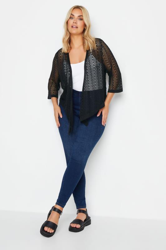 YOURS Plus Size Black Pointelle Waterfall Cardigan | Yours Clothing 2