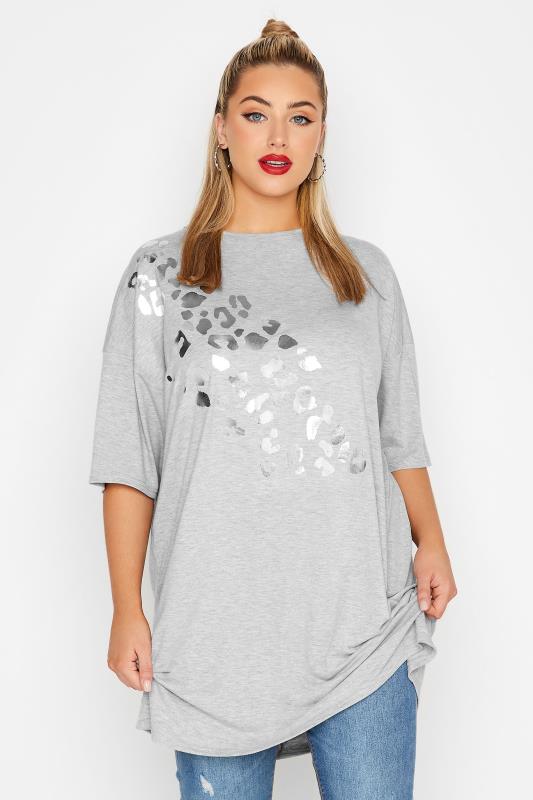 LIMITED COLLECTION Plus Size Grey Foil Leopard Print Oversized T-Shirt | Yours Clothing  1