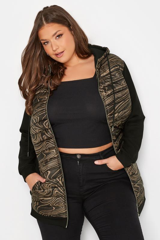 Plus Size Black Marble Print Padded Zip Hoodie | Yours Clothing 1