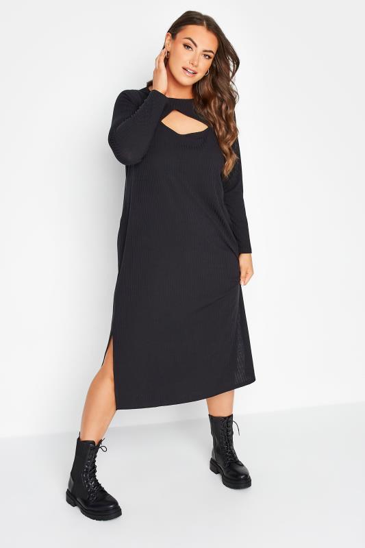  Grande Taille YOURS Curve Black Ribbed Cut Out Midaxi Dress