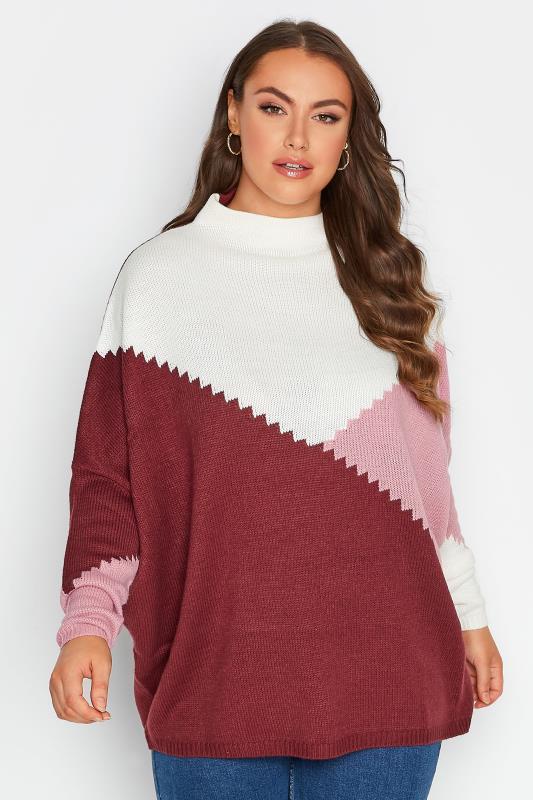 Curve White & Pink Colour Block Turtle Neck Oversized Jumper | Yours Clothing 2