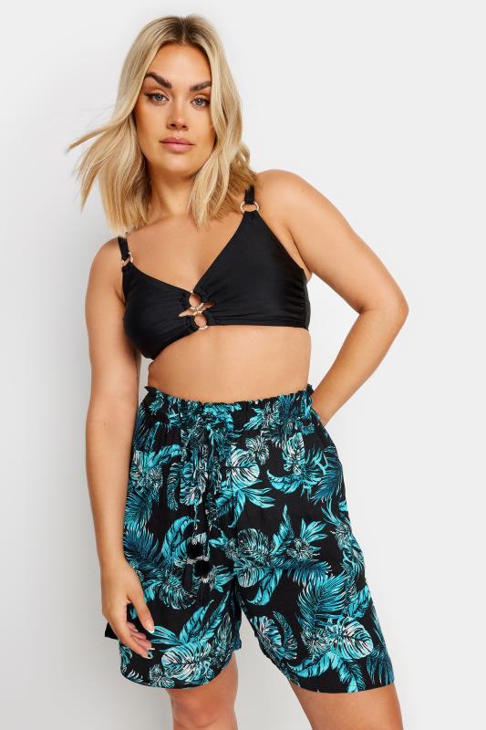YOURS Plus Size Black Tropical Print Crinkle Tassel Shorts | Yours Clothing 1