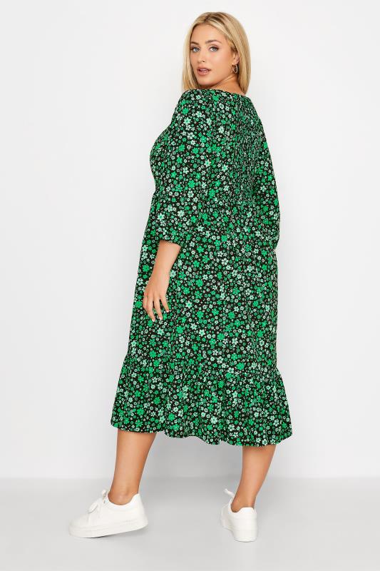Plus Size Black & Green Floral Smock Midi Dress | Yours Clothing  4