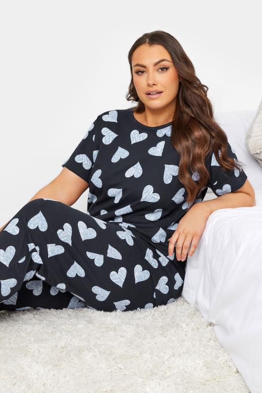 YOURS Curve Navy Blue Wild Heart Print Tapered Pyjama Set | Yours Clothing 4