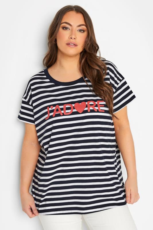 YOURS Plus Size Navy Blue Stripe 'J'adore' T-Shirt | Yours Clothing 2