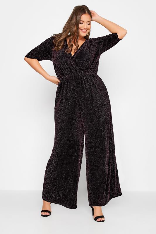  Tallas Grandes LIMITED COLLECTION Curve Black & Pink Glitter Stretch Wrap Jumpsuit