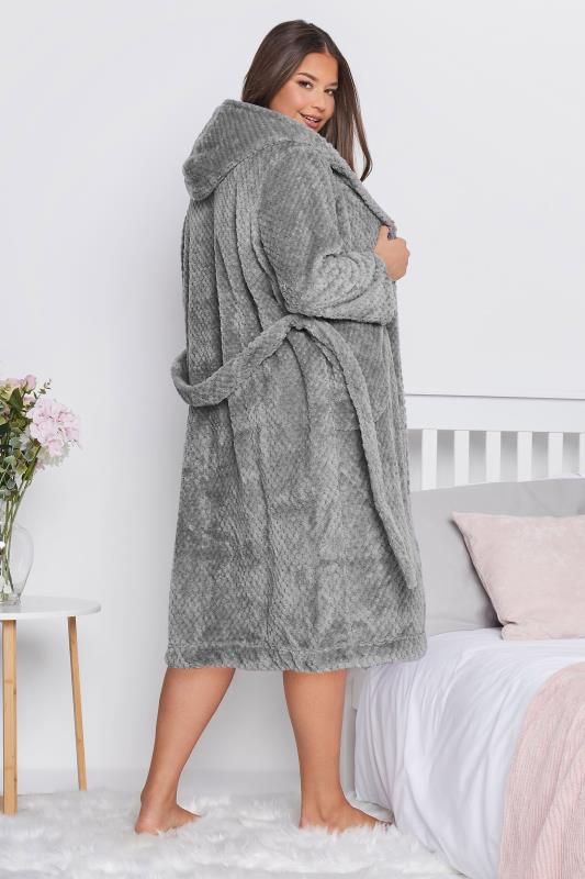 Plus Size Grey Waffle Fleece Hooded Dressing Gown | Yours Clothing 3