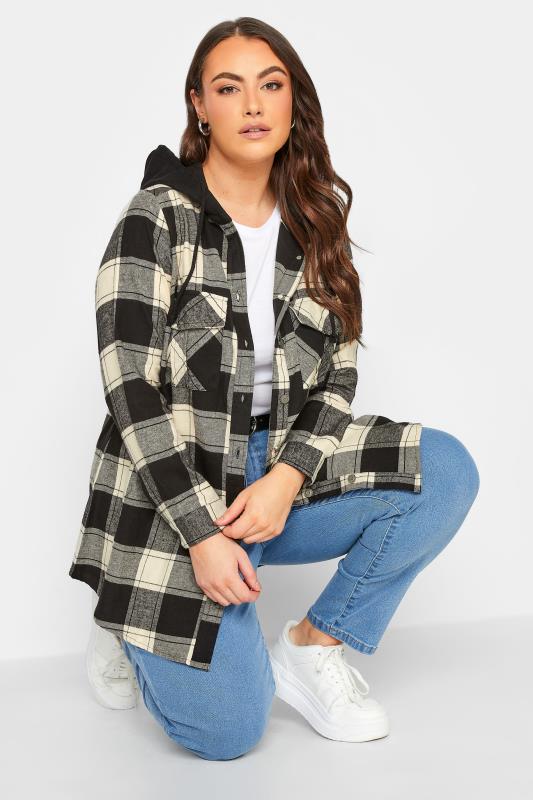  YOURS Curve Black & Cream Check Hooded Shirt