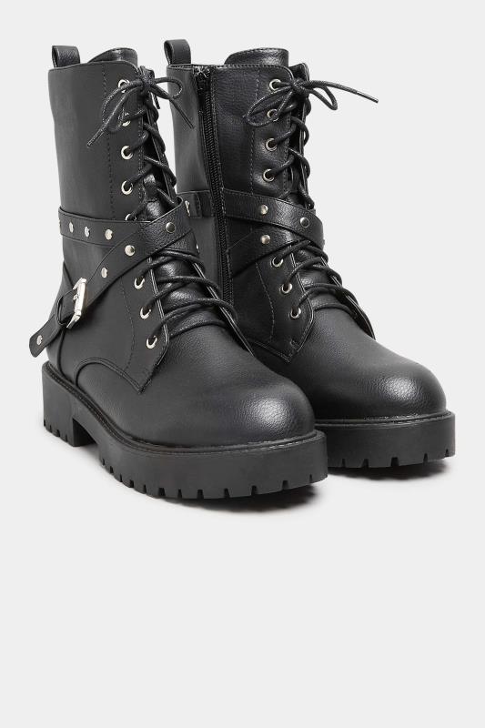 Black Studded Strap Lace Up Chunky Boots In Wide E Fit & Extra Wide EEE Fit 2